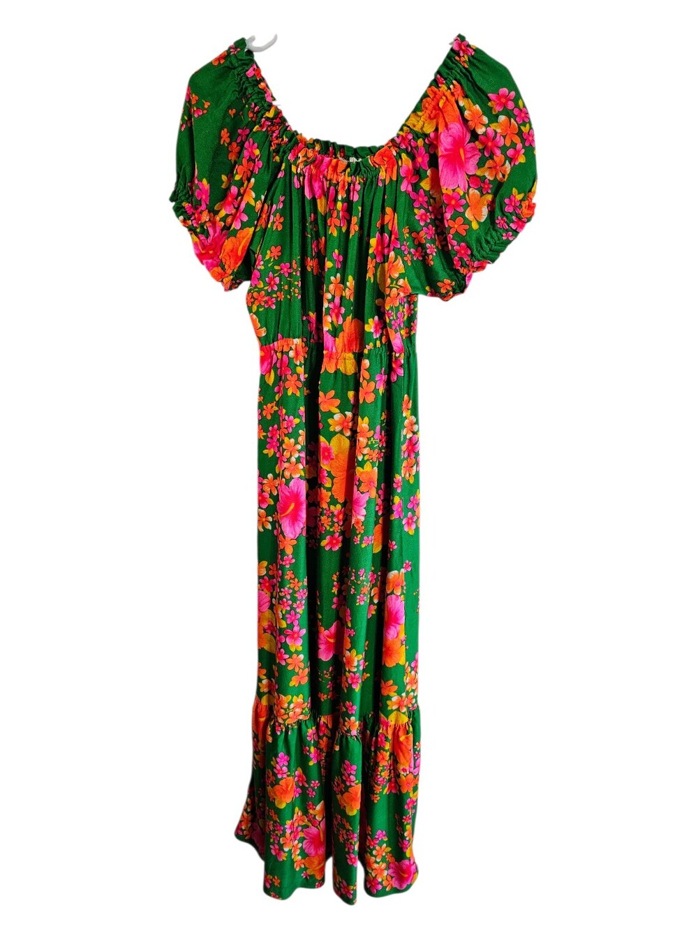 Vintage Pomare Tahiti Hawaiian Maxi Dress Green Hibiscus Puff Sleeve S/M 60s 70s - Picture 3 of 6